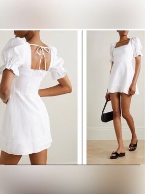 Reformation Evianna Linen Mini Dress White Lace Trim Puff Sleeve Size 6